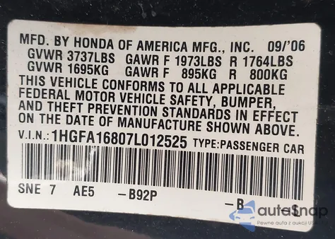 2007 Honda Civic Ex from USA, damaged, VIN 1HGFA16807L012525